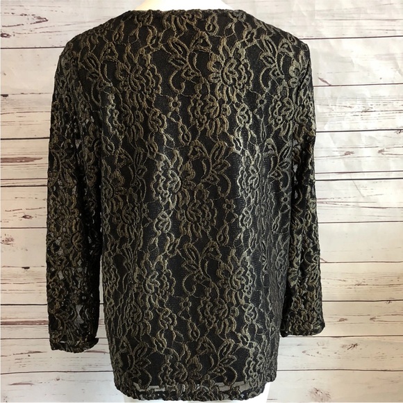 Chico's Woman’s Foil Lace Top SIZE 2 LARGE (12) Black Gold Lace Knit Shirt NWT - Picture 7 of 12
